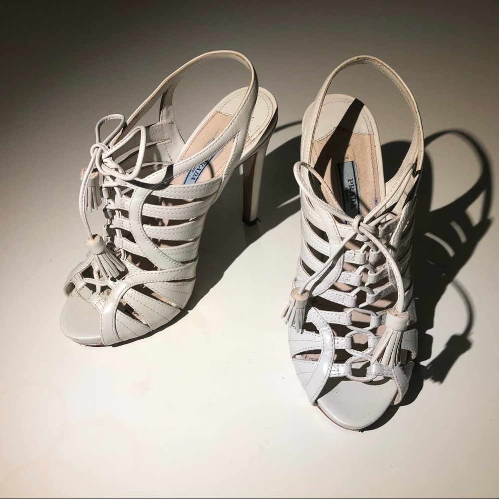 Prada leather lace up tassel detailing heels